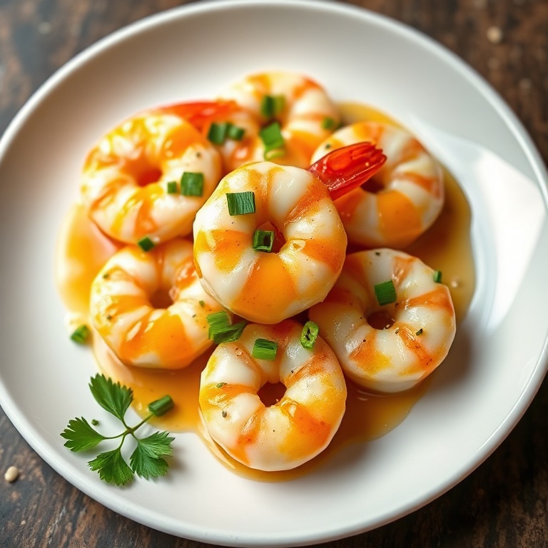 Plated shrimp with a drizzle of honey garlic sauce and fresh parsley. Elegant and delicious.