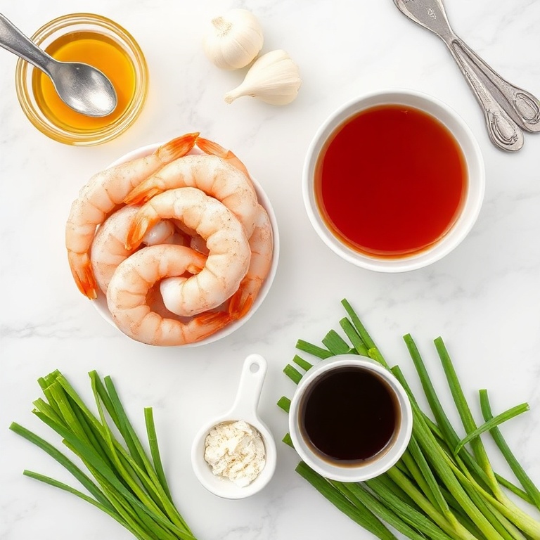 Fresh shrimp, honey, garlic, soy sauce, and green onions arranged in an overhead flat lay.