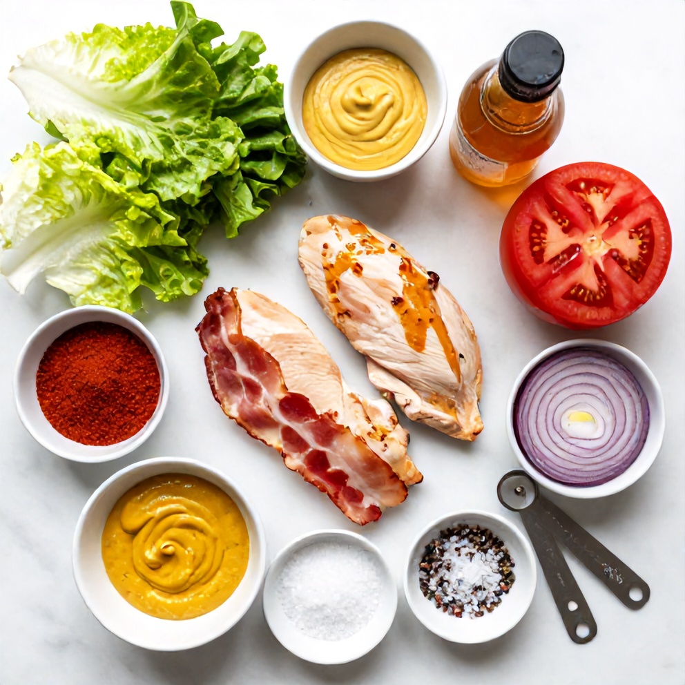 Raw ingredients for Honey Mustard BLT Chicken Sliders on a white marble surface