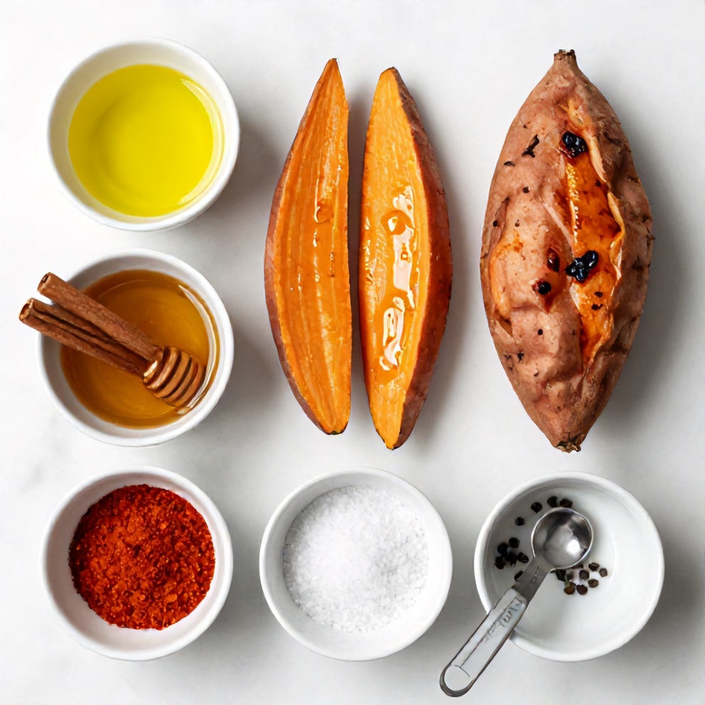 Ingredients for honey roasted sweet potatoes on a marble surface