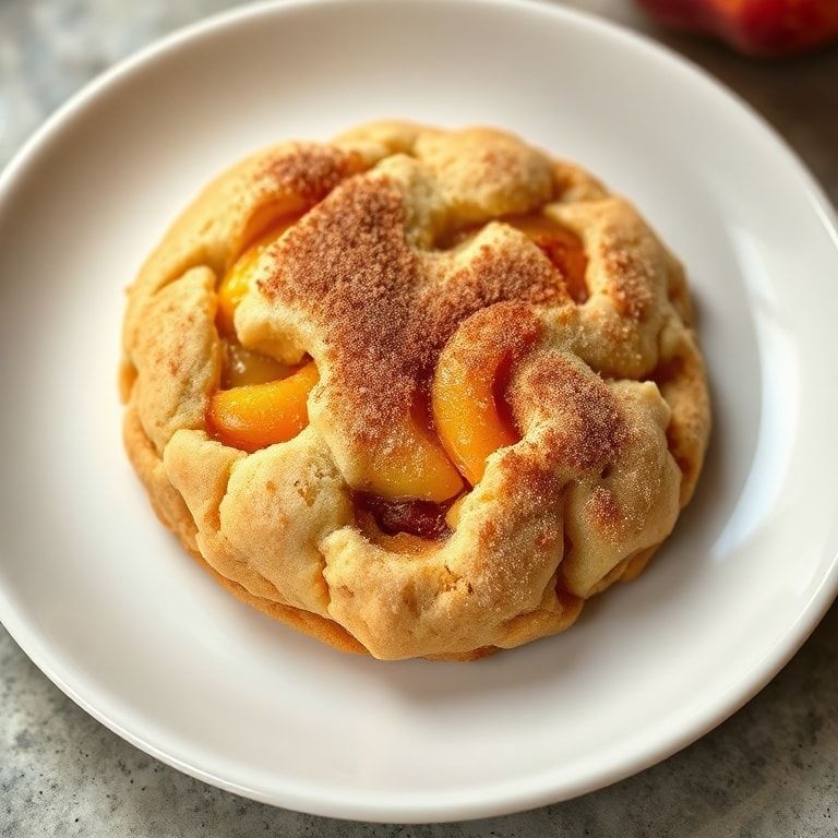 One Italian peach cookie on a white plate garnished with cinnamon sugar with warm side lighting