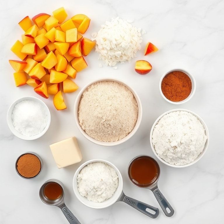 Overhead view of raw ingredients including fresh peaches, flour, sugar, butter, cinnamon in prep bowls on white marble surface