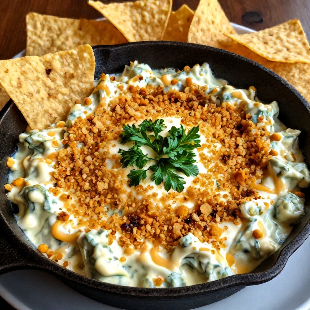 Jalapeño Spinach Artichoke Dip served with tortilla chips