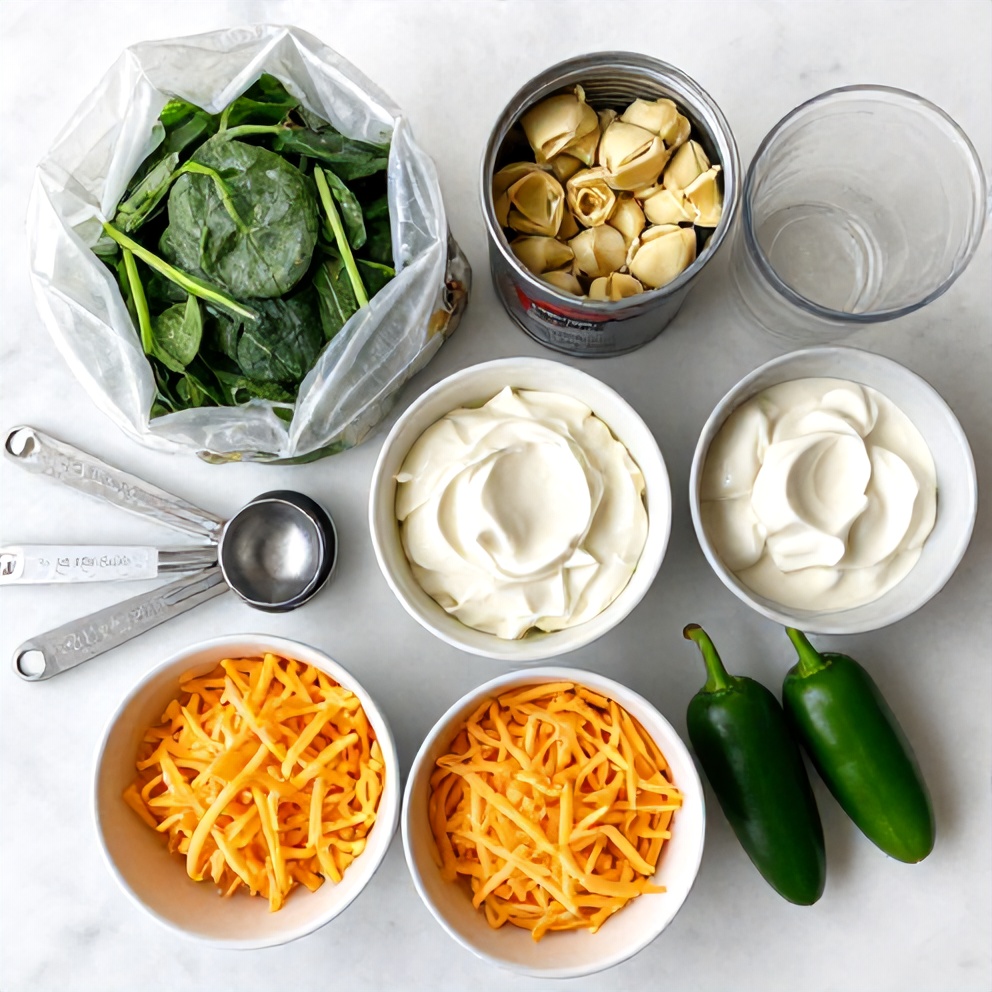 Raw ingredients for Jalapeño Spinach Artichoke Dip