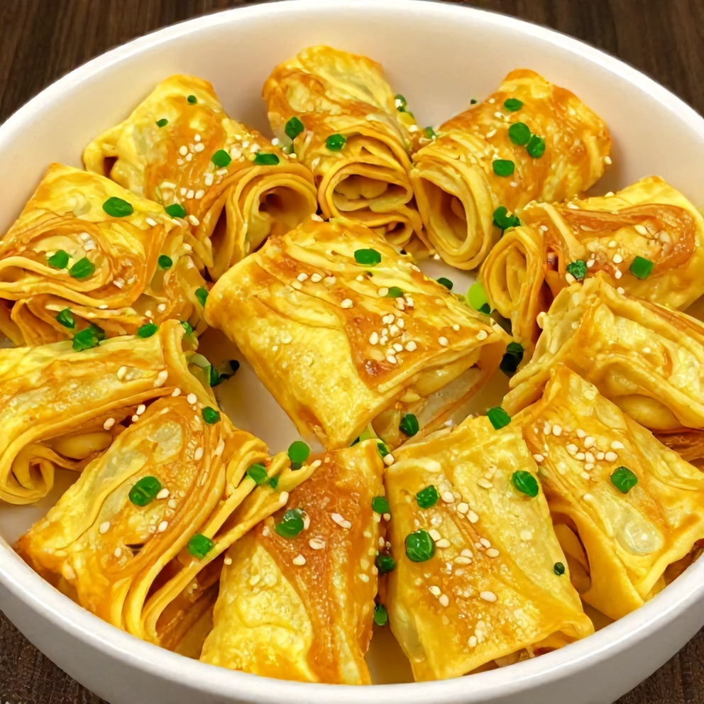 Plated serving of keto egg roll in a bowl with green onions and sesame seeds