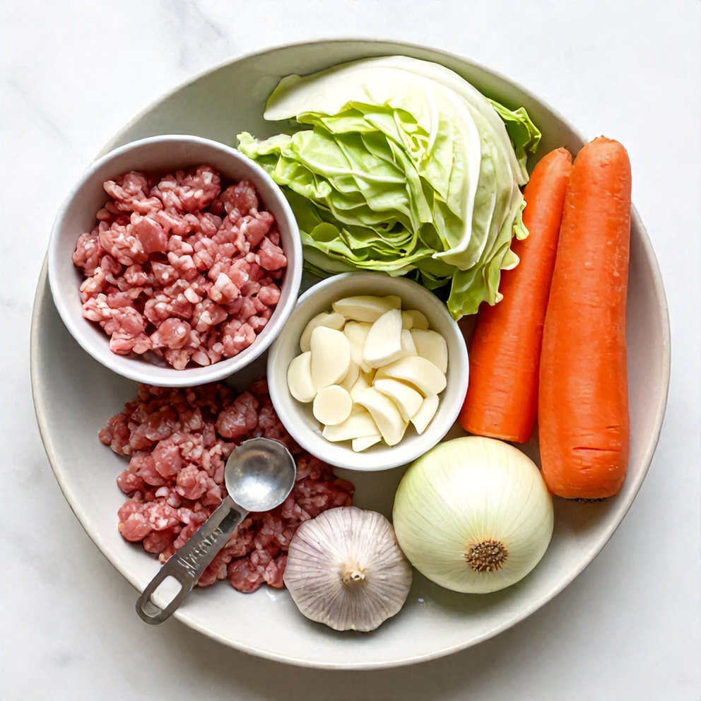 Raw ingredients for keto egg roll in a bowl on a white marble surface