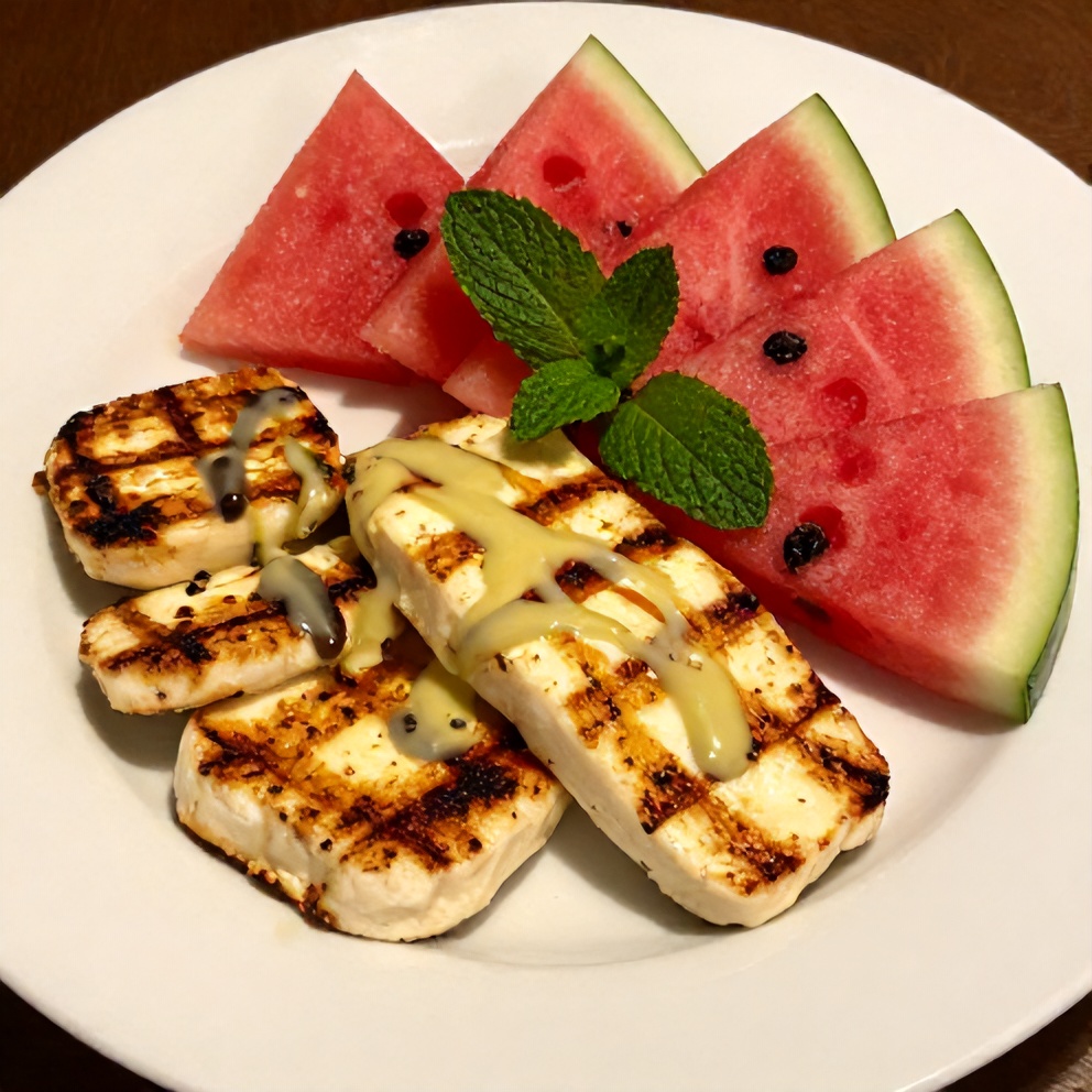 Plated serving of Keto Grilled Halloumi and Watermelon Summer Salad with fresh mint