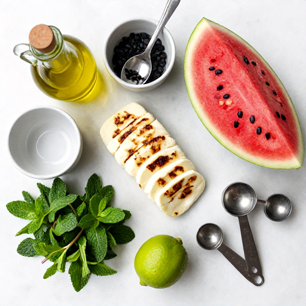 Raw ingredients for Keto Grilled Halloumi and Watermelon Salad on a marble surface