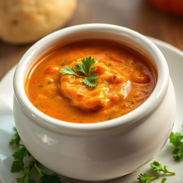 A single serving of keto stuffed pepper soup in a white ceramic bowl with a sprinkle of parsley on top, close crop showing the creamy texture and rich color