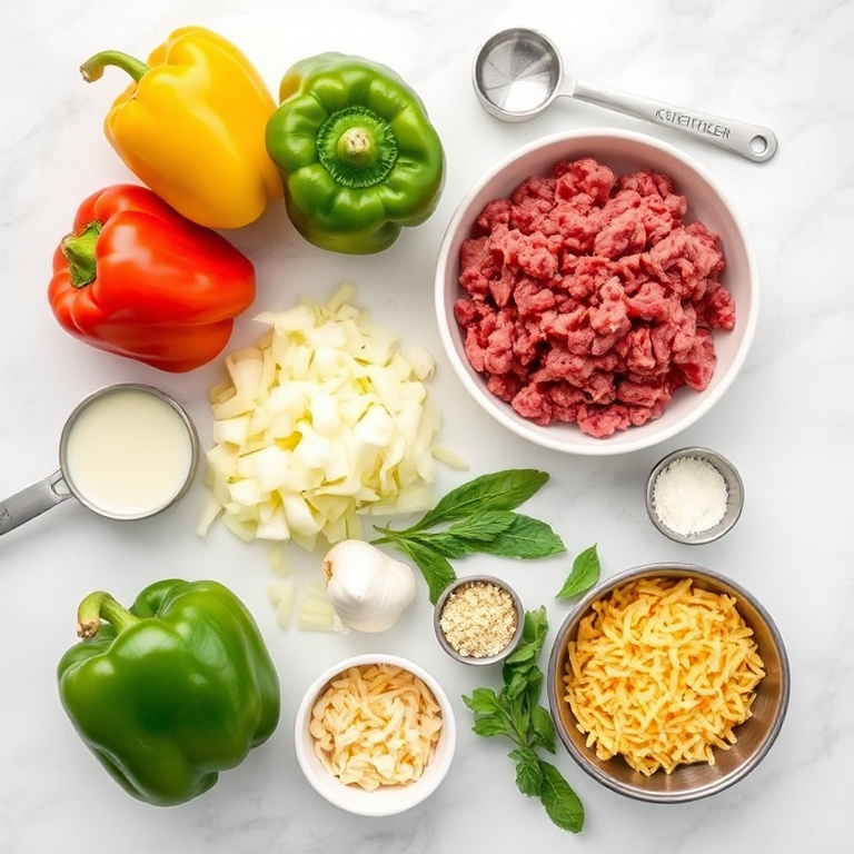 Raw ingredients for keto stuffed pepper soup: bell peppers, ground beef, onions, garlic, tomatoes, and cheese arranged in an overhead flat lay with measuring tools and bowls, bright even lighting