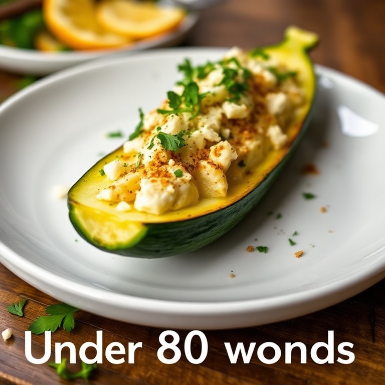 One perfect zucchini boat plated on a white ceramic dish. Topped with fresh herbs and cheese. Close-up showing texture and color. Warm lighting highlights details.