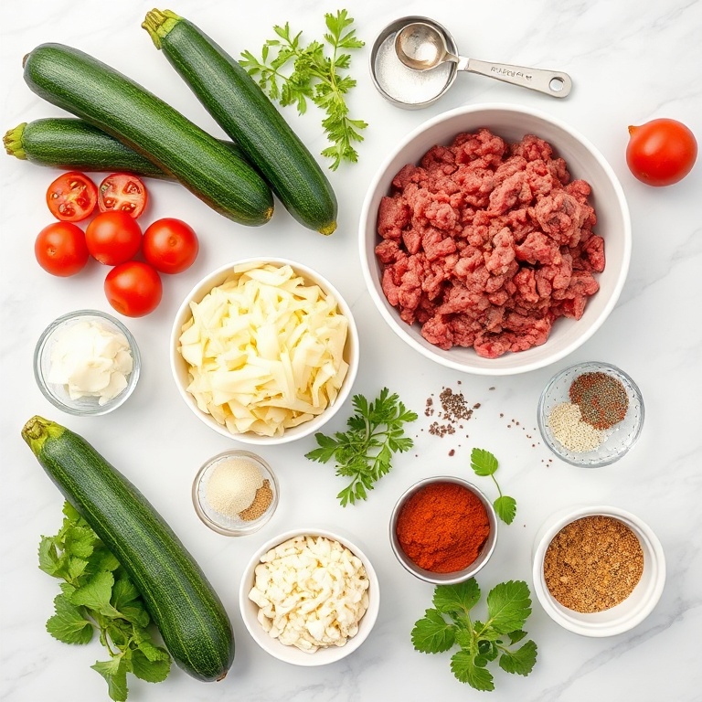 Zucchini, ground beef, tomatoes, onions, garlic, cheese, and seasonings arranged in an overhead flat lay. Measuring spoons and bowls visible. White marble surface. Bright even light.