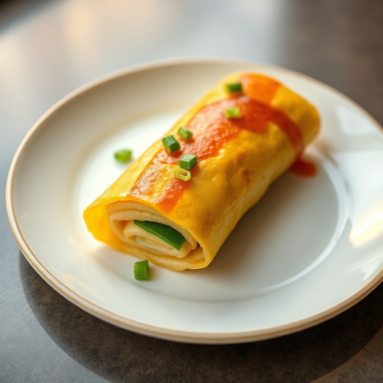 Perfectly plated Korean rolled omelette with green onions on a white ceramic plate, warm side lighting highlighting the texture