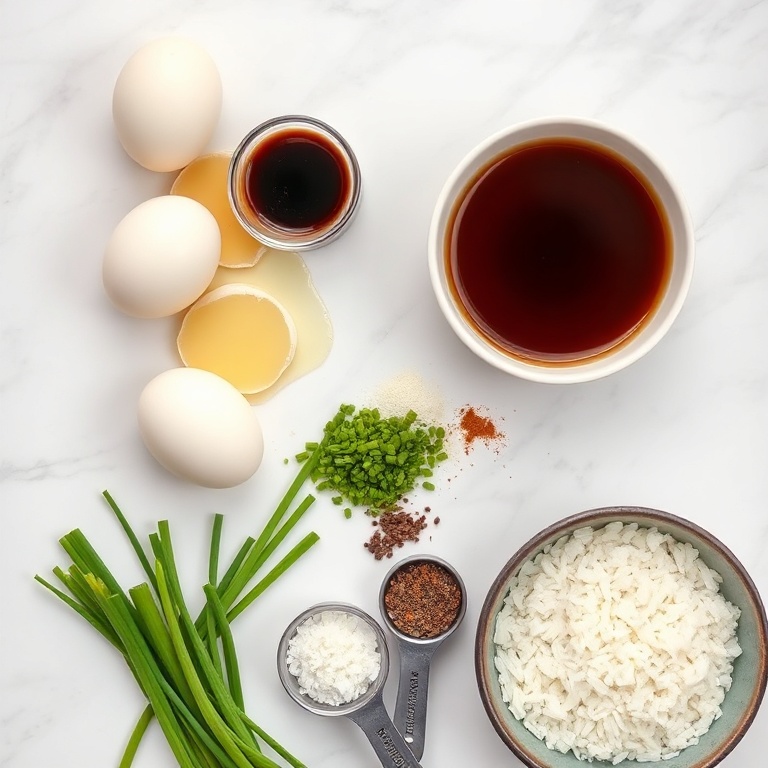 Overhead flat lay of eggs, soy sauce, green onions, rice, and pepper on white marble surface. Measuring spoons and bowls visible