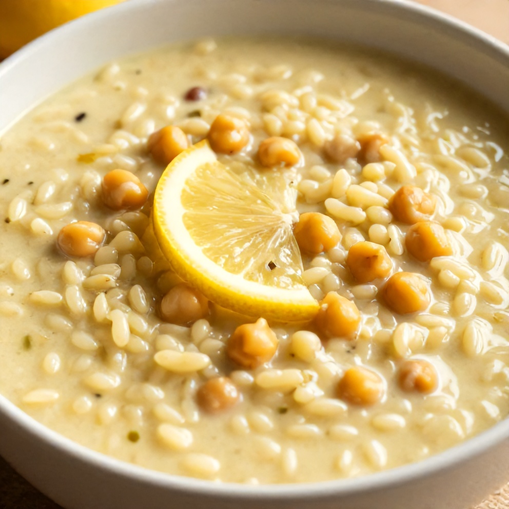 Lemon Chickpea Orzo Soup served in a bowl with a lemon slice