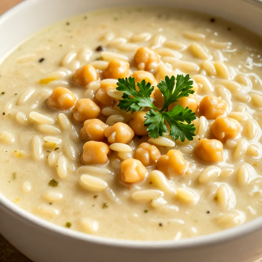 Bowl of Lemon Chickpea Orzo Soup with a sprinkle of parsley
