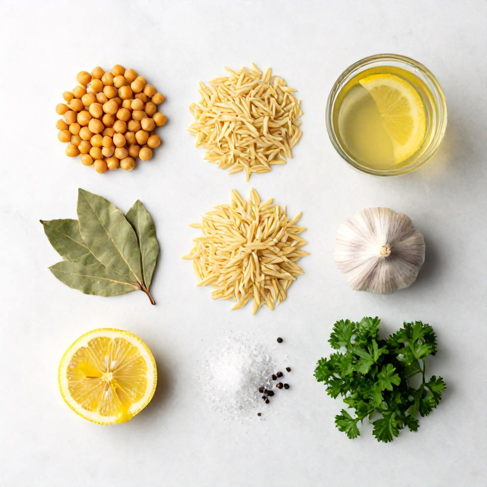 Raw ingredients for Lemon Chickpea Orzo Soup on a marble surface