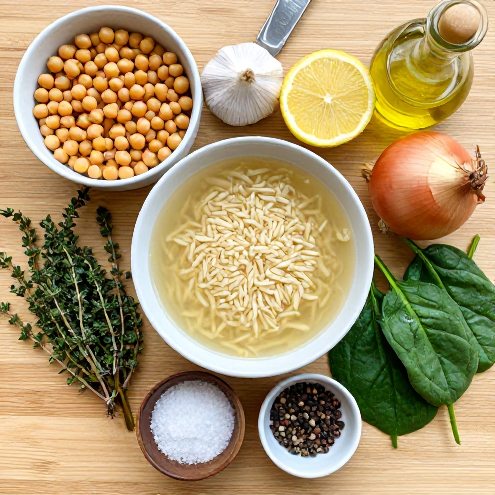 Raw ingredients for Lemon Chickpea Orzo Soup on a wooden surface