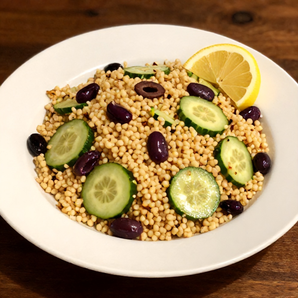 Lemon Cucumber Couscous Salad plated with a lemon wedge