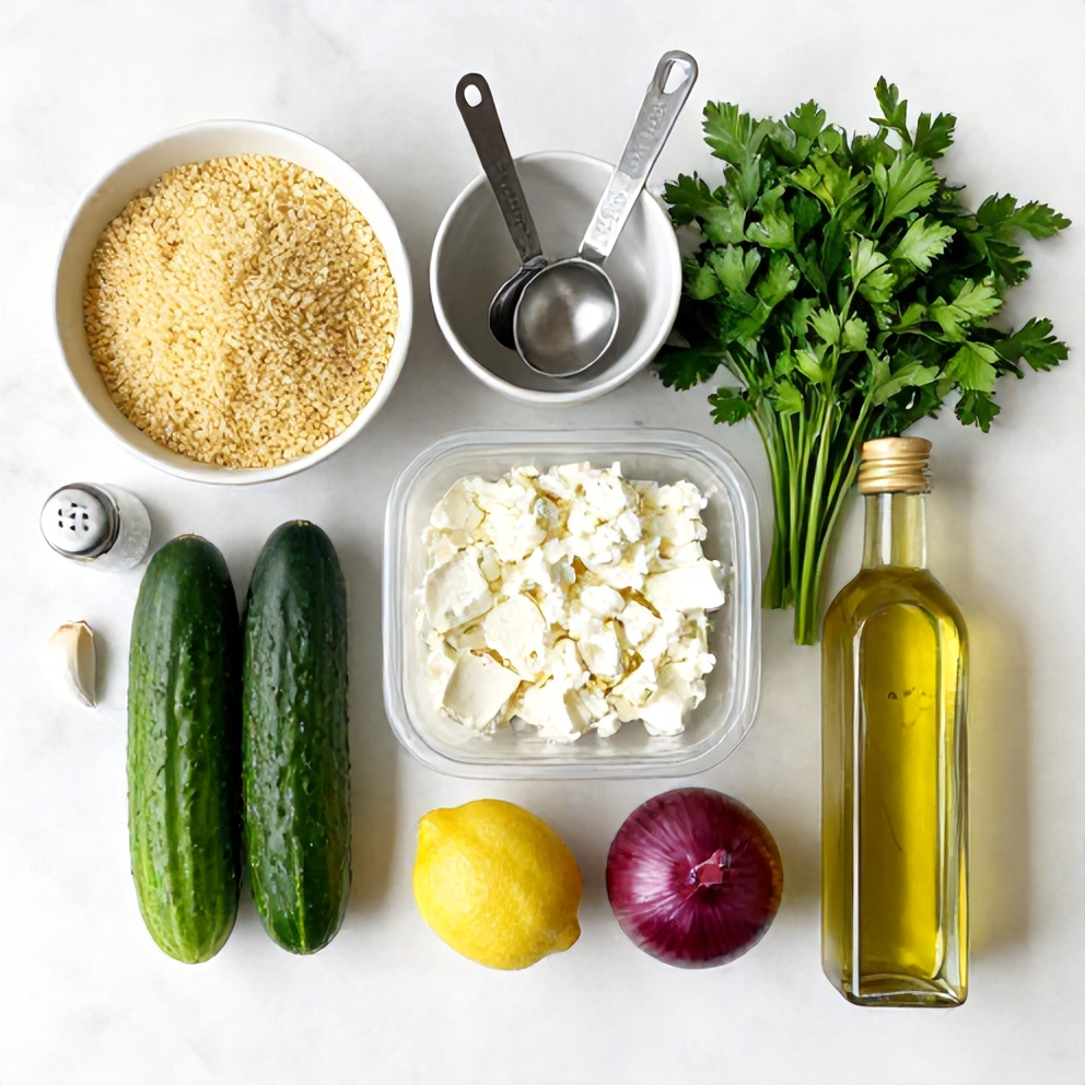 Raw ingredients for Lemon Cucumber Couscous Salad on a marble surface