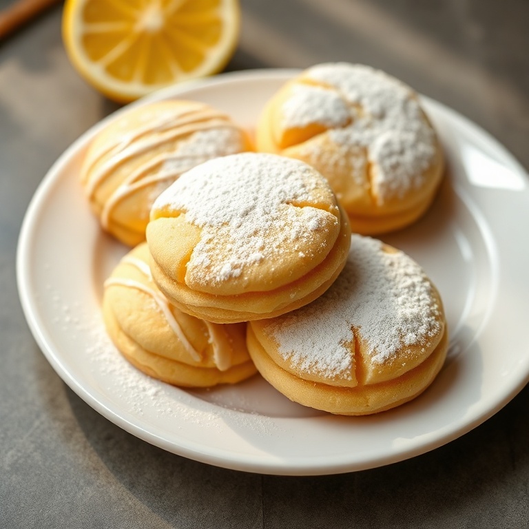 Perfectly plated lemon curd cookies with a dusting of powdered sugar. Warm side lighting highlighting texture. White ceramic plate. Photorealistic food photography. No text. No watermark.