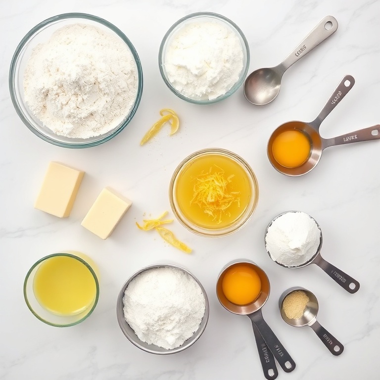 Overhead flat lay of lemon curd cookies ingredients. Flour, sugar, butter, lemon zest, and eggs. Measuring cups, mixing bowls, and spoons. White marble surface. Bright even light. Photorealistic food photography. No text. No watermark.