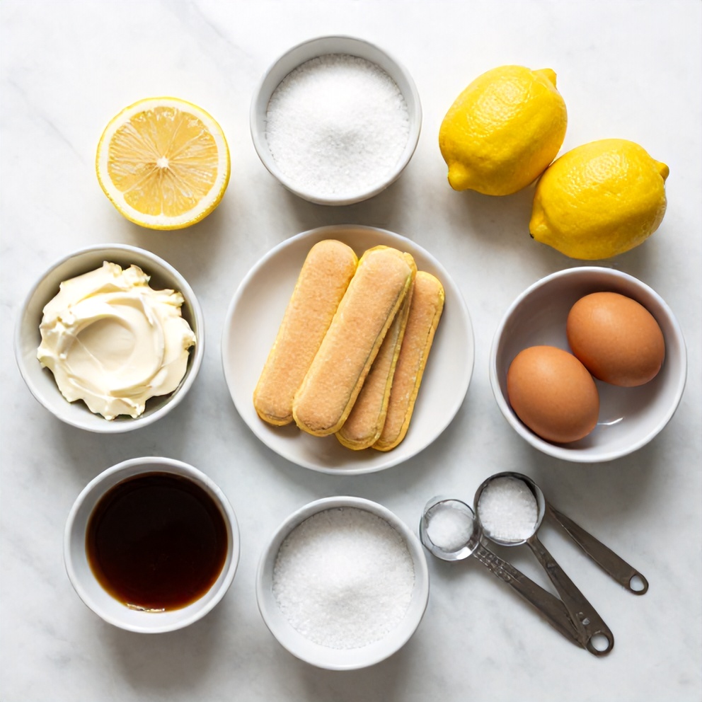 Raw ingredients for Lemon Tiramisu: ladyfingers, mascarpone cheese, lemons, eggs, sugar, coffee liqueur