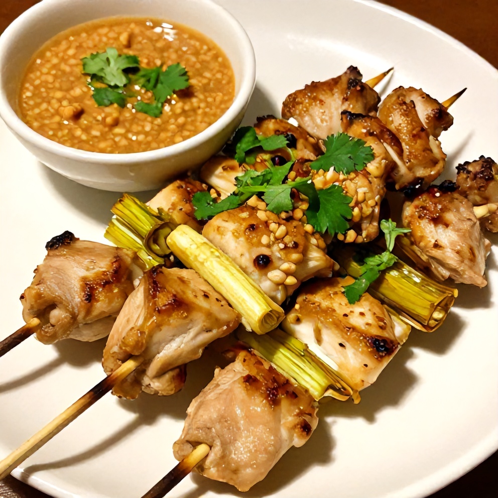 Plated lemongrass chicken skewers with peanut sauce and garnished with cilantro