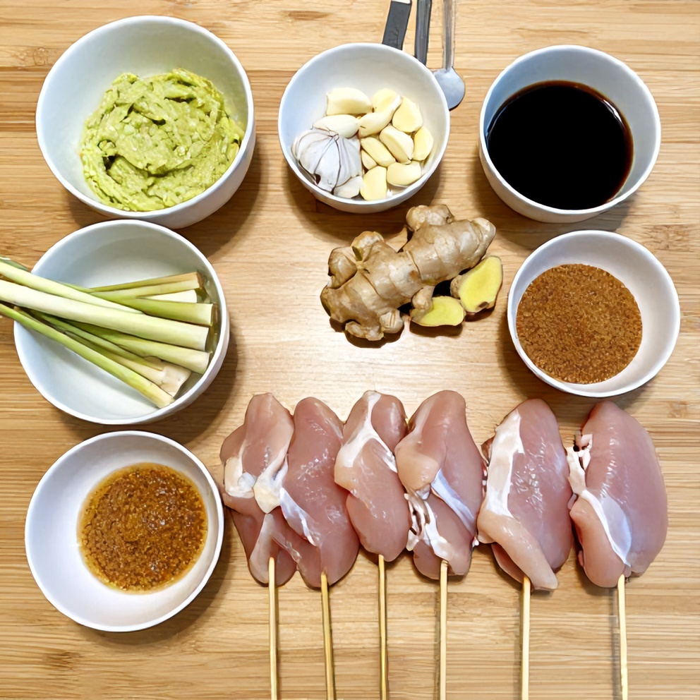 Raw ingredients for lemongrass chicken skewers laid out on a wooden surface