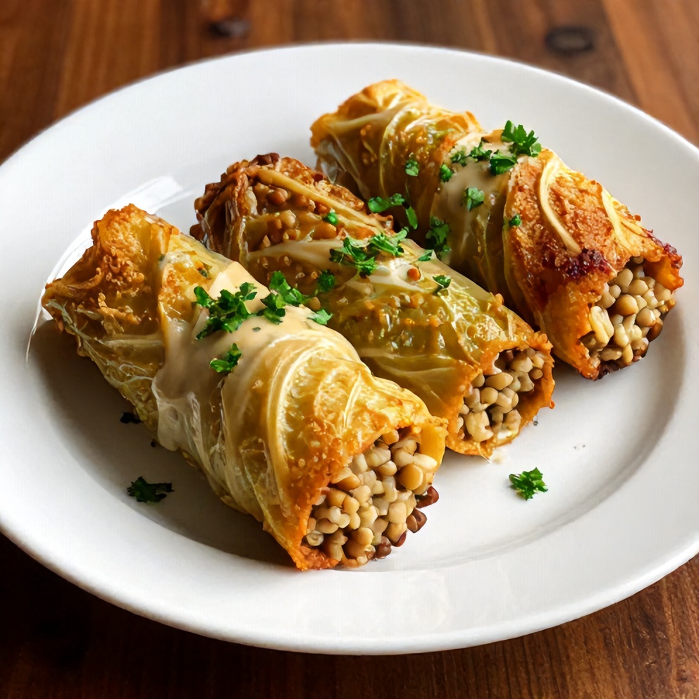 One perfect plated serving of lentil and rice stuffed cabbage rolls on a white plate
