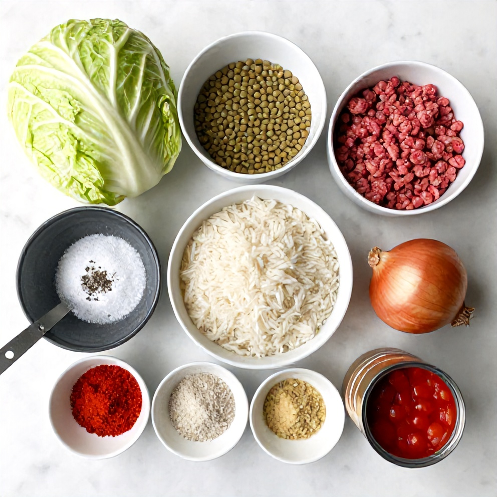 Raw ingredients for lentil and rice stuffed cabbage rolls on a white marble surface