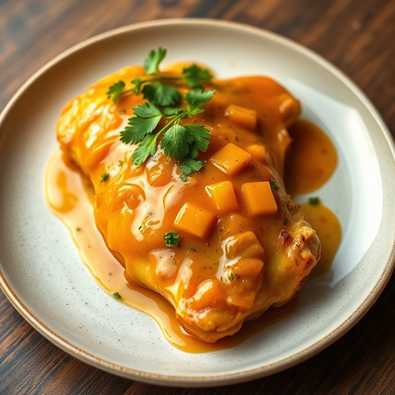 Plated chicken with mango glaze, fresh cilantro, ceramic plate, warm side lighting, photorealistic food photography