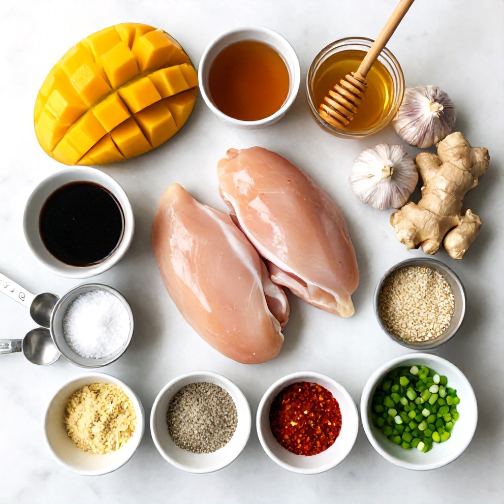 Raw ingredients for Mango Glazed Chicken on a marble surface