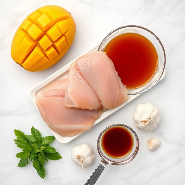 Raw chicken, mango, soy sauce, maple syrup, garlic, measuring spoons, white marble surface, bright even light