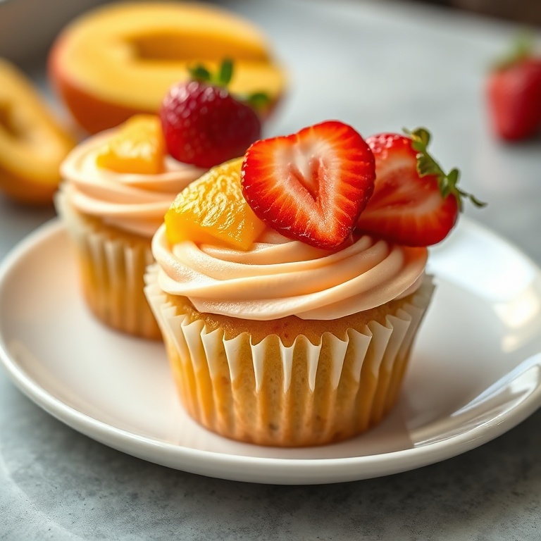 Perfectly plated mango strawberry cupcakes. Topped with fresh strawberries and a small mango slice on a white ceramic plate.