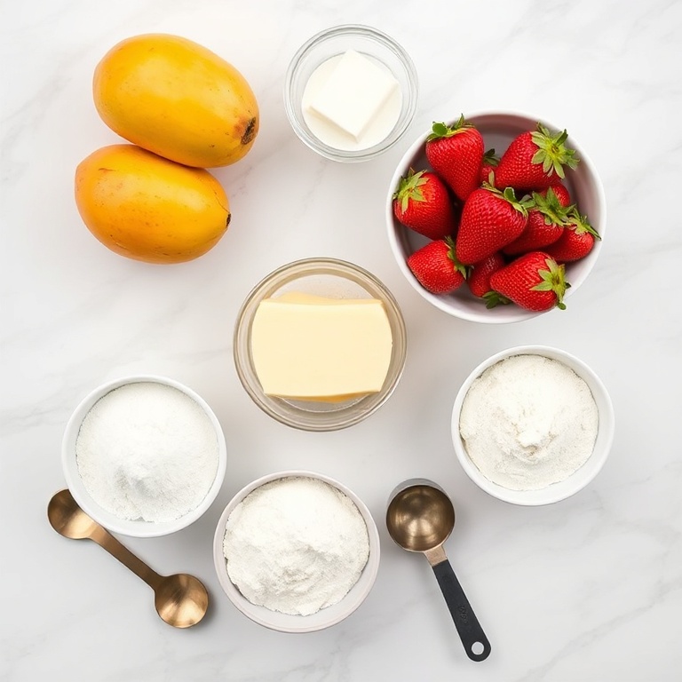 Raw ingredients for mango strawberry cupcakes. Mangos, strawberries, flour, sugar, butter, and eggs arranged in an overhead flat lay on a white surface.