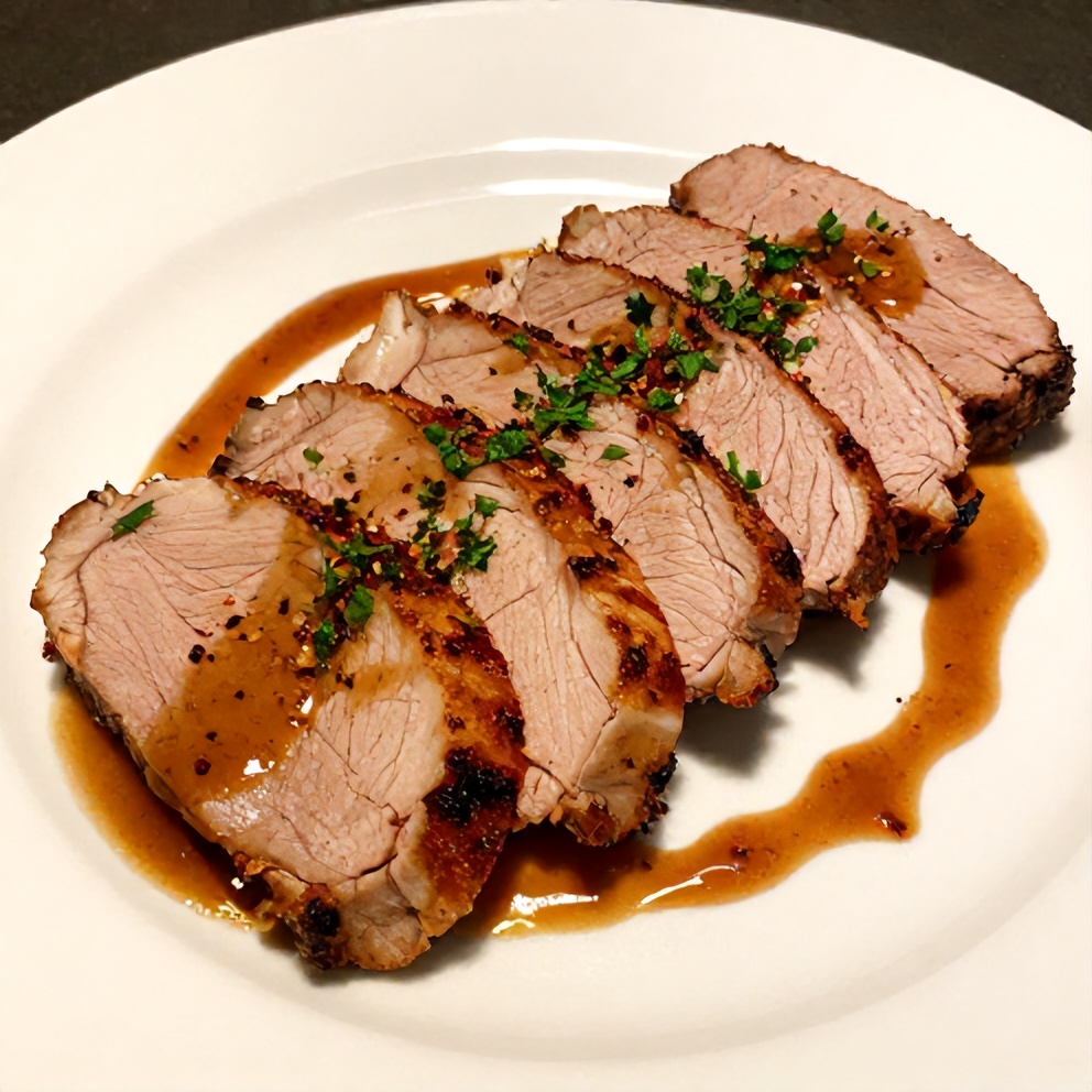 Maple Dijon Pork Tenderloin plated with a drizzle of pan sauce