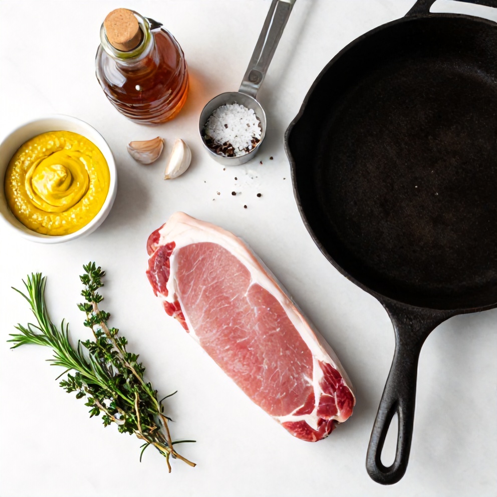 Maple Dijon Pork Tenderloin ingredients on a marble surface