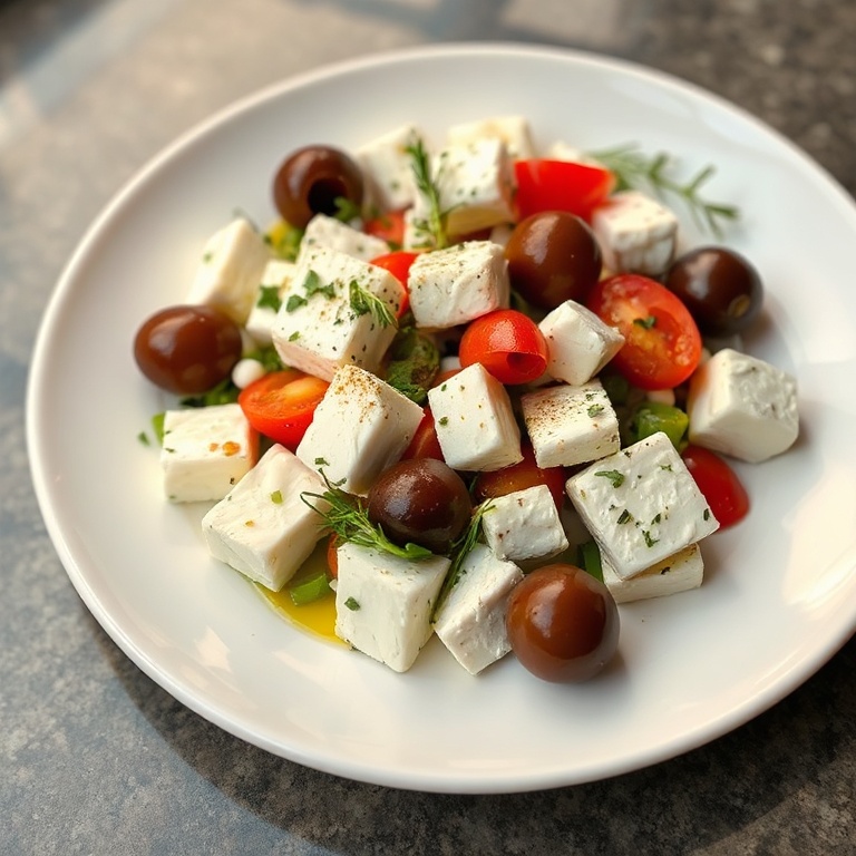 A perfectly plated Mediterranean Greek Salad with feta cheese and olives on a white plate