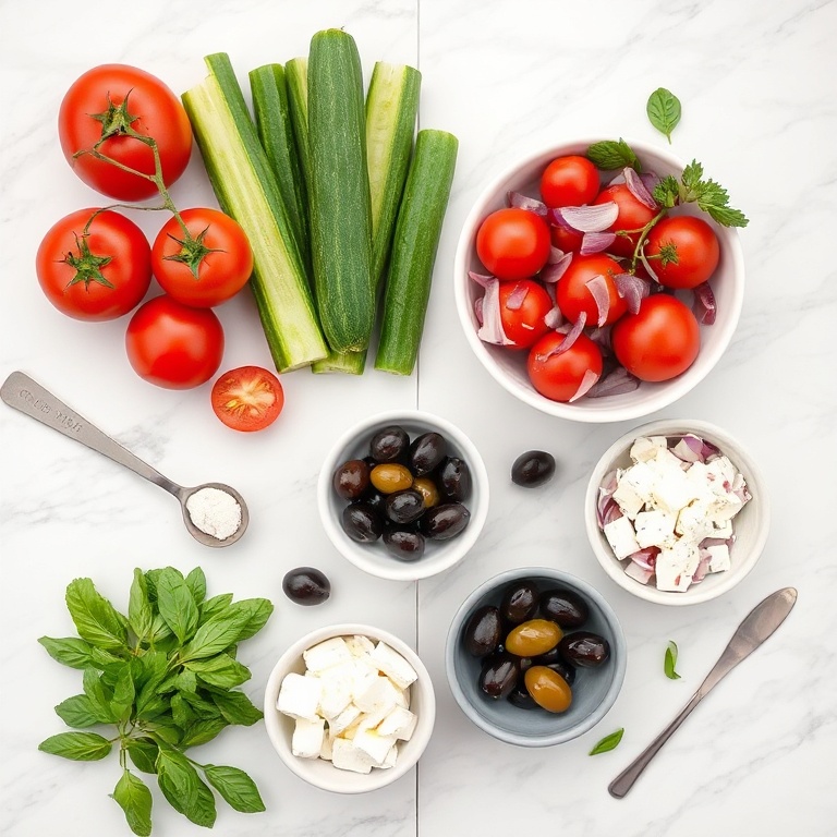 Fresh tomatoes, cucumbers, red onions, olives, and feta cheese arranged in a flat lay