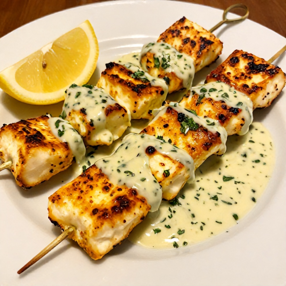 Plated Mediterranean Halloumi Skewers with creamy herb sauce
