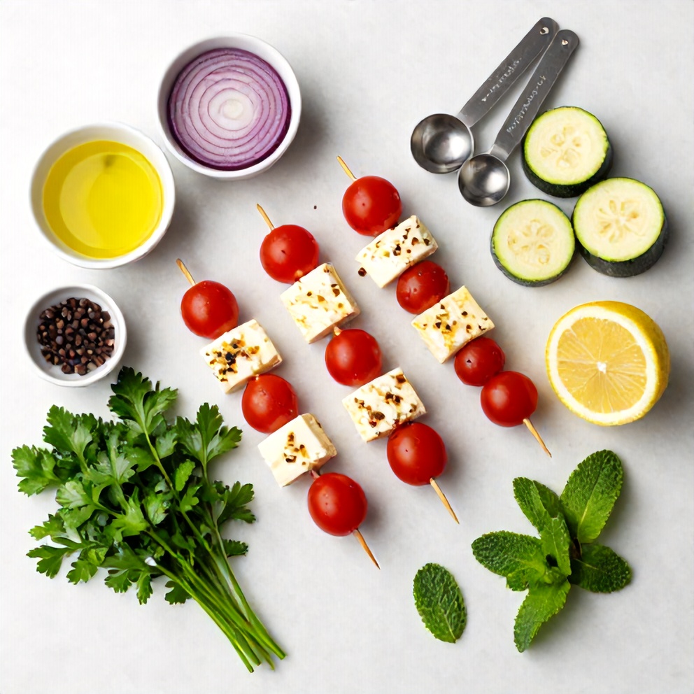 Raw ingredients for Mediterranean Halloumi Skewers on a marble surface