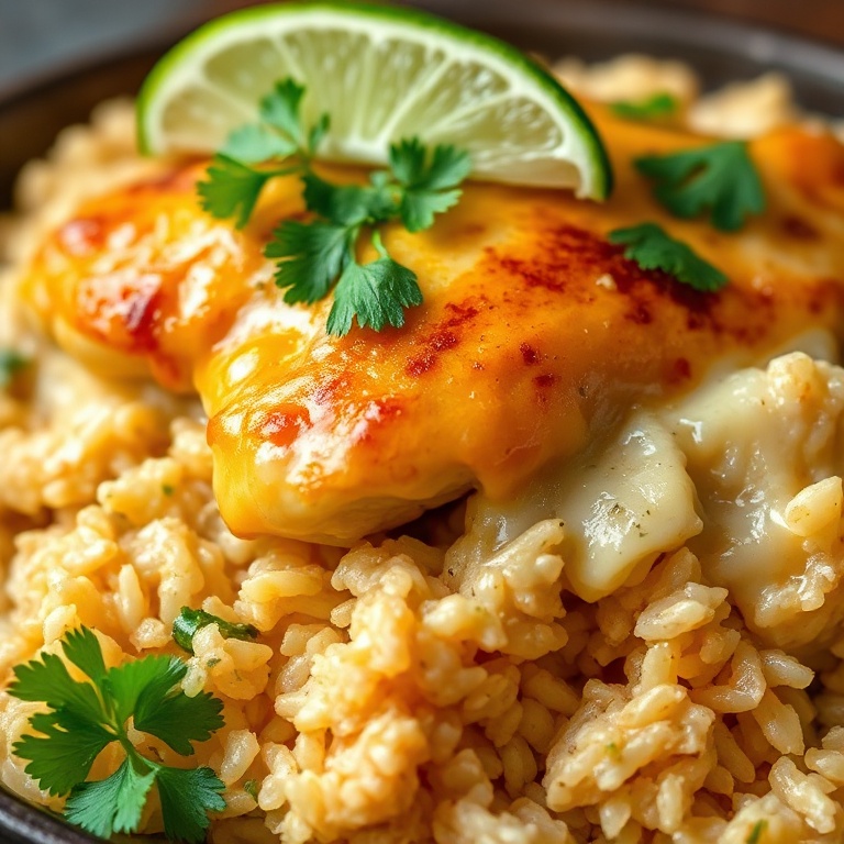 Serving of chicken casserole topped with fresh cilantro and lime