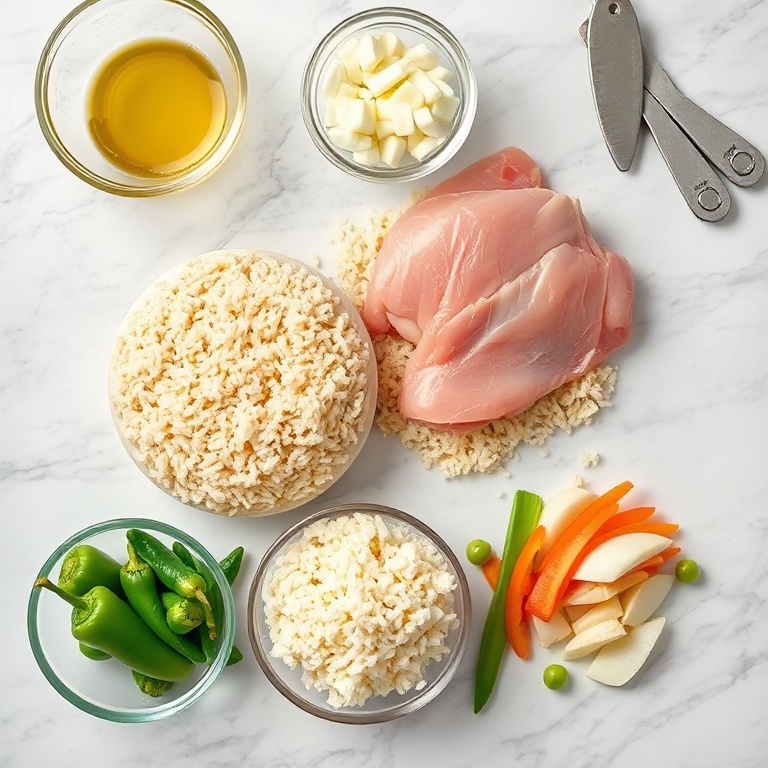 Raw chicken, rice, cheese, peppers, and onions arranged on a marble countertop