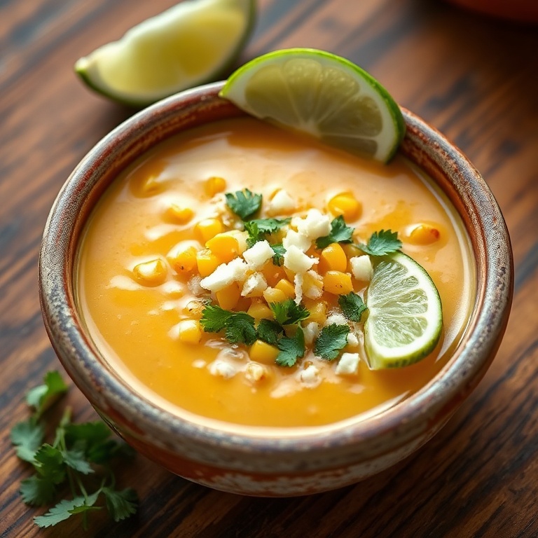 Close up of plated Mexican street corn soup garnished with cotija cheese, cilantro, and a lime wedge