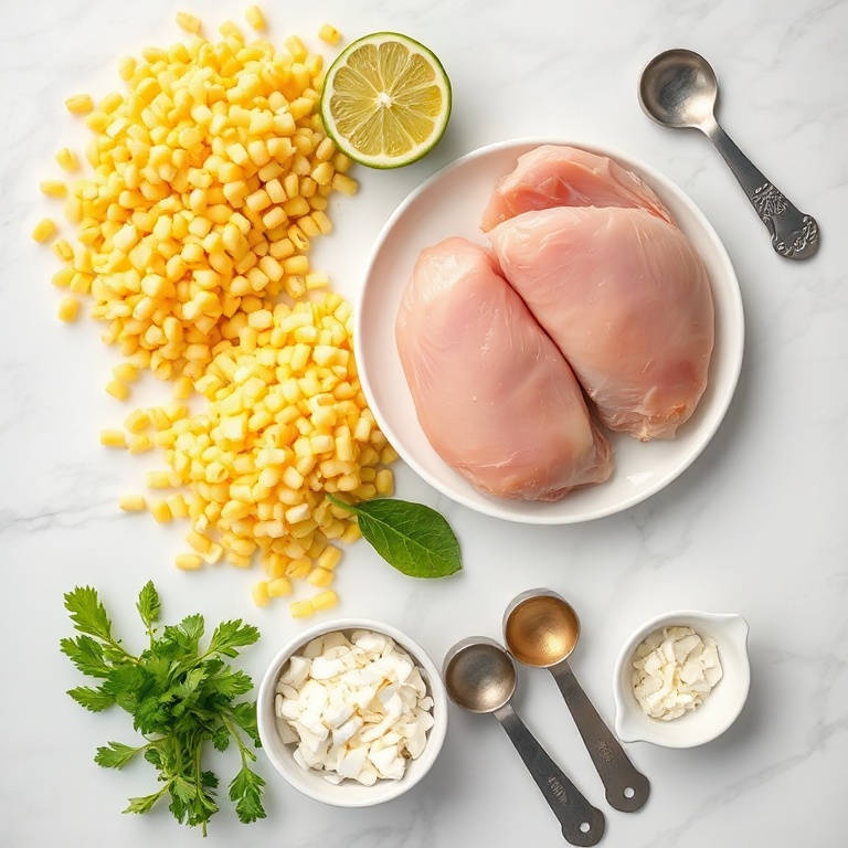 Raw ingredients for Mexican street corn soup including corn, chicken breasts, lime, spices, and cheese arranged on white marble surface