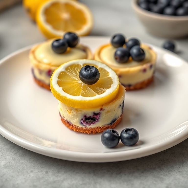 Mini Lemon Blueberry Cheesecakes on a white plate with a lemon slice and blueberry garnish