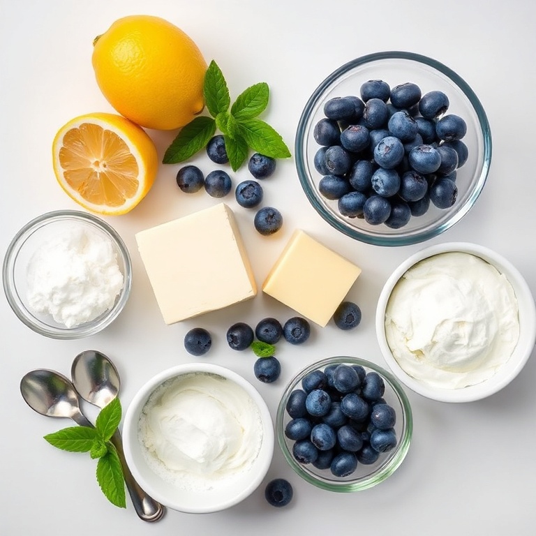 Fresh lemon, blueberries, cream cheese, butter, and sugar arranged in a clean flat lay