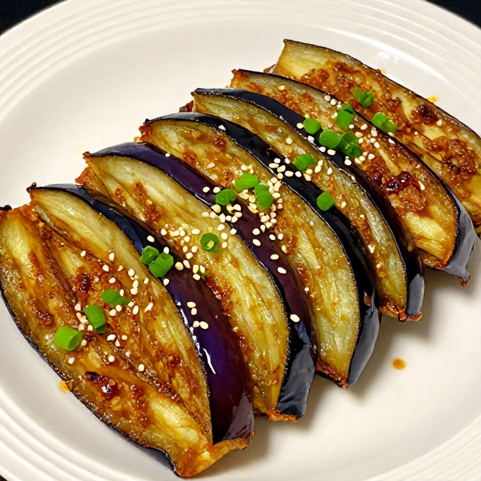 Plated miso glazed eggplant on a white plate, garnished with green onions and sesame seeds