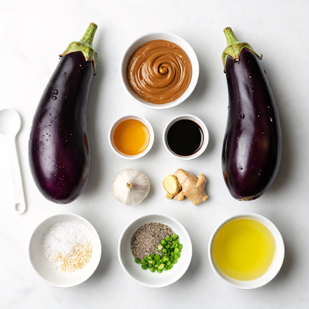Raw ingredients for miso glazed eggplant: eggplant, miso paste, soy sauce, honey, garlic, ginger, green onions, sesame seeds